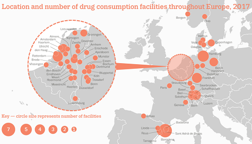 Location and number of drug consumption room facilities in Europe