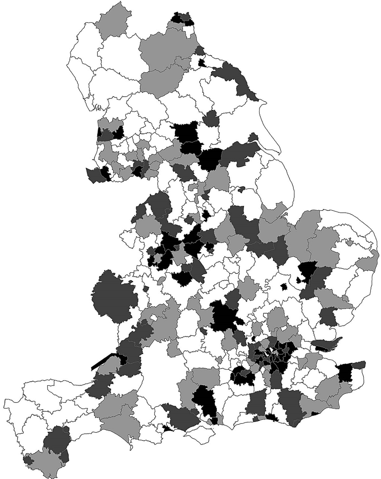 Map of lower tier local authorities displaying cumulative policy intensity
